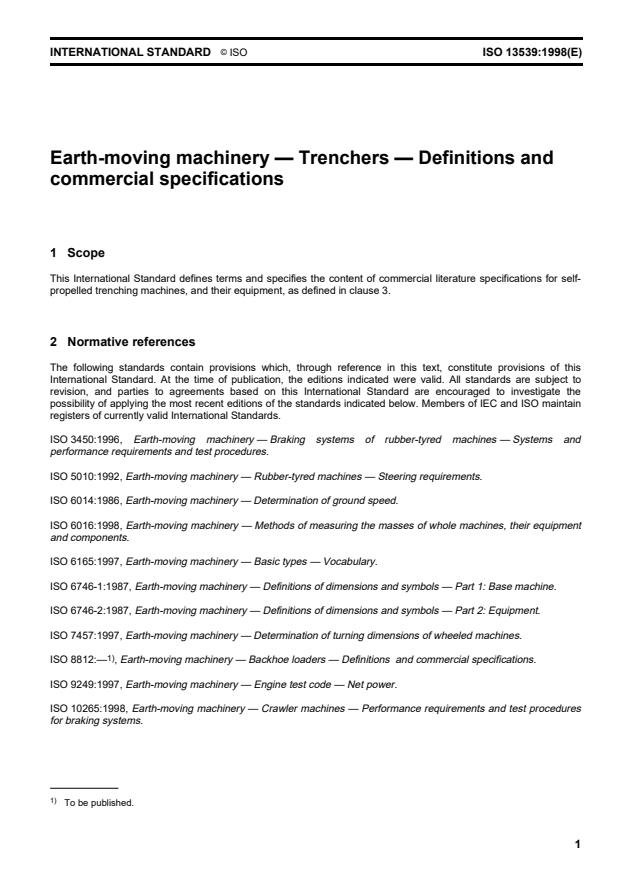 ISO 13539:1998 - Earth-moving machinery -- Trenchers -- Definitions and commercial specifications