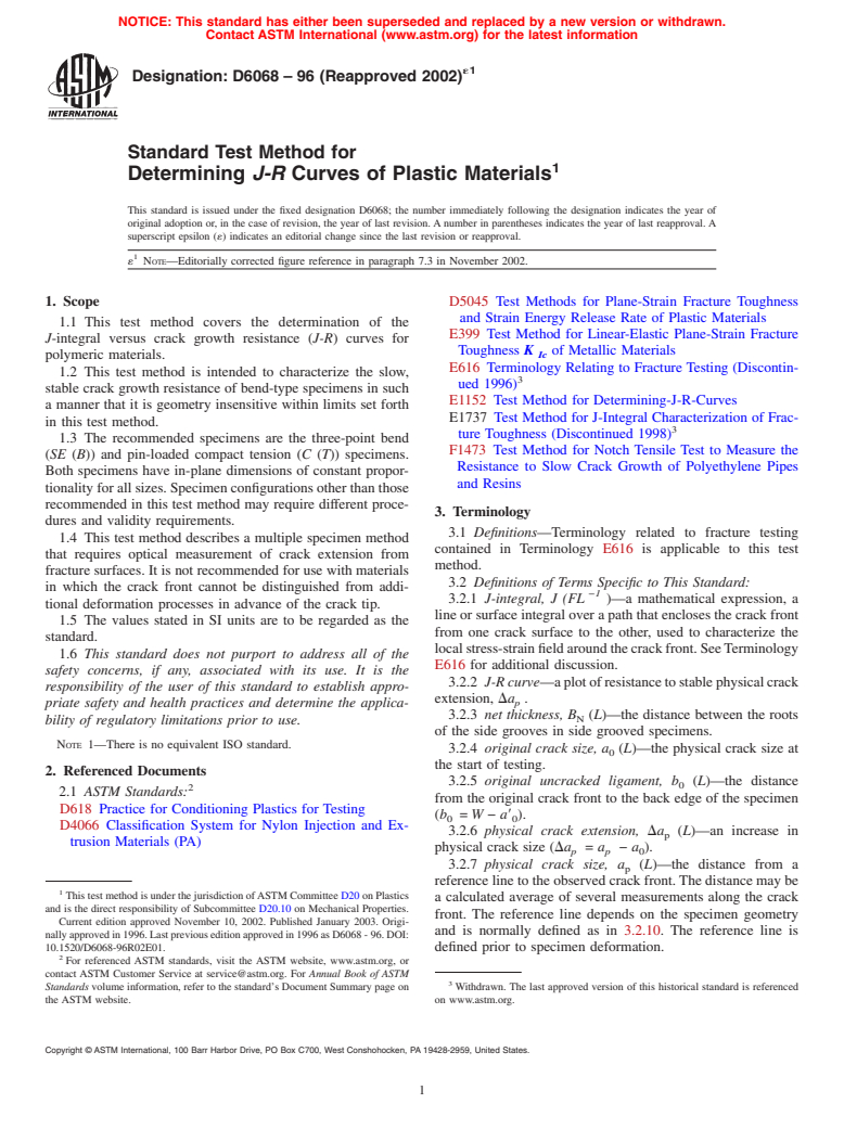 ASTM D6068-96(2002)e1 - Standard Test Method for Determining J-R Curves of Plastic Materials