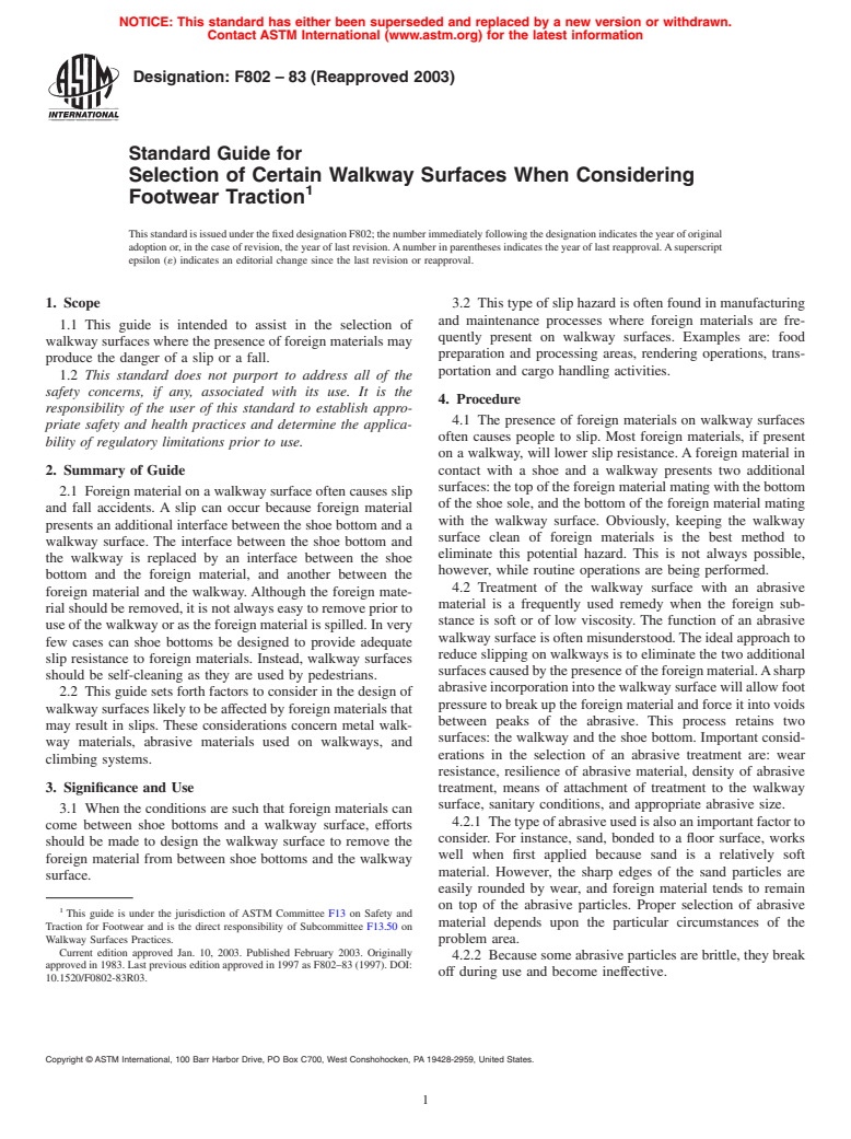 ASTM F802-83(2003) - Standard Guide for Selection of Certain Walkway Surfaces When Considering Footwear Traction (Withdrawn 2012)