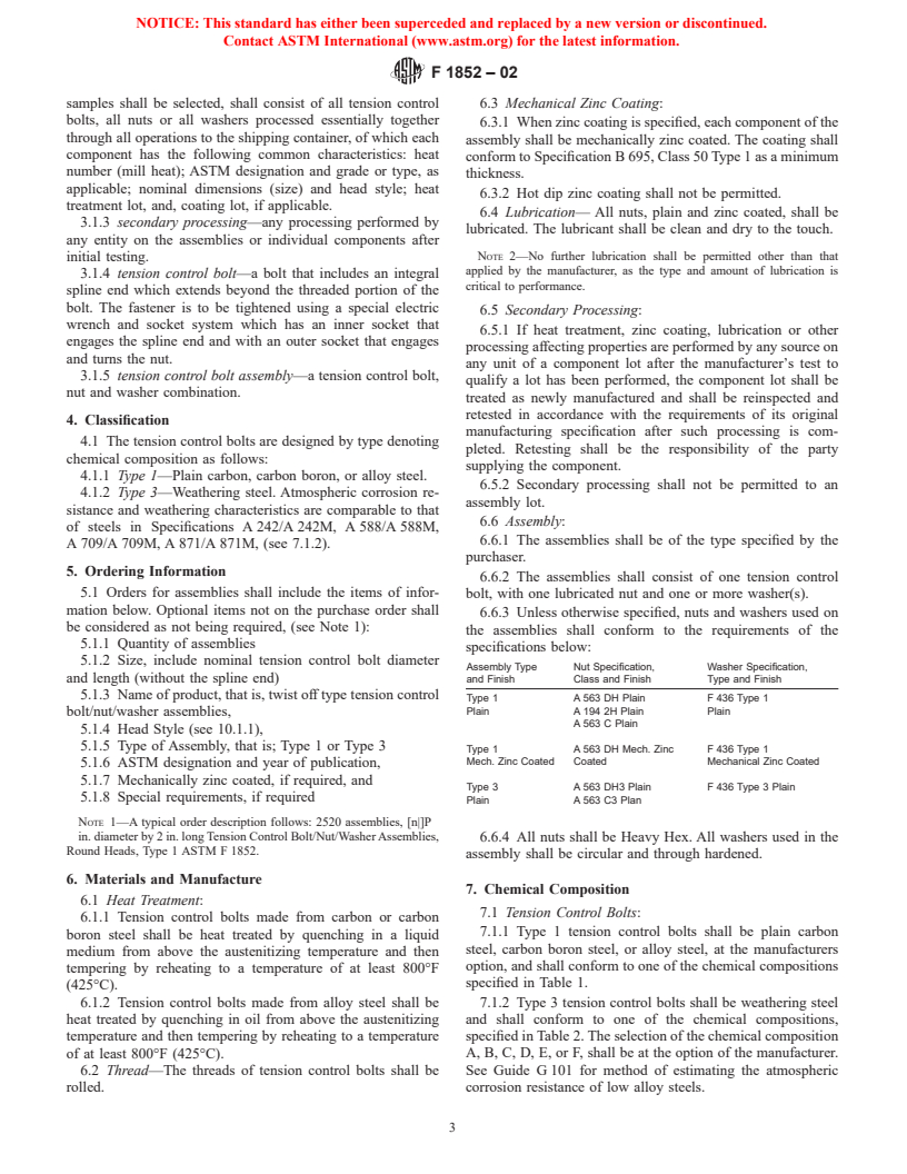 ASTM F1852-02 - Standard Specification for "Twist Off" Type Tension Control Structural Bolt/Nut/Washer Assemblies, Steel, Heat Treated, 120/105 ksi Minimum Tensile Strength