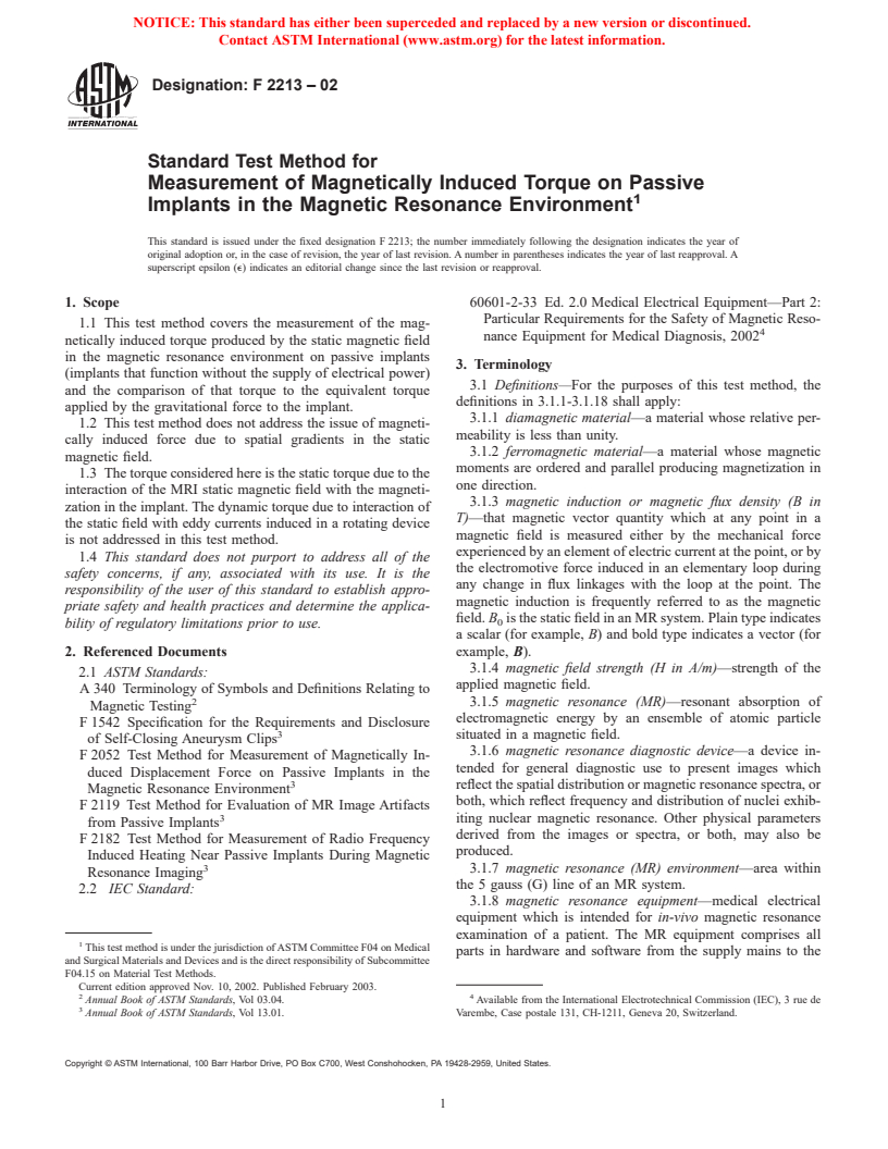 ASTM F2213-02 - Standard Test Method for Measurement of Magnetically Induced Torque on Passive Implants in the Magnetic Resonance Environment