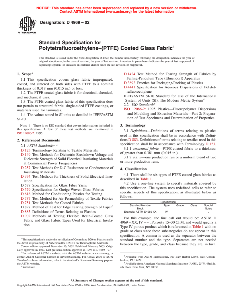 ASTM D4969-02 - Standard Specification for Polytetrafluoroethylene&#8212;(PTFE) Coated Glass Fabric