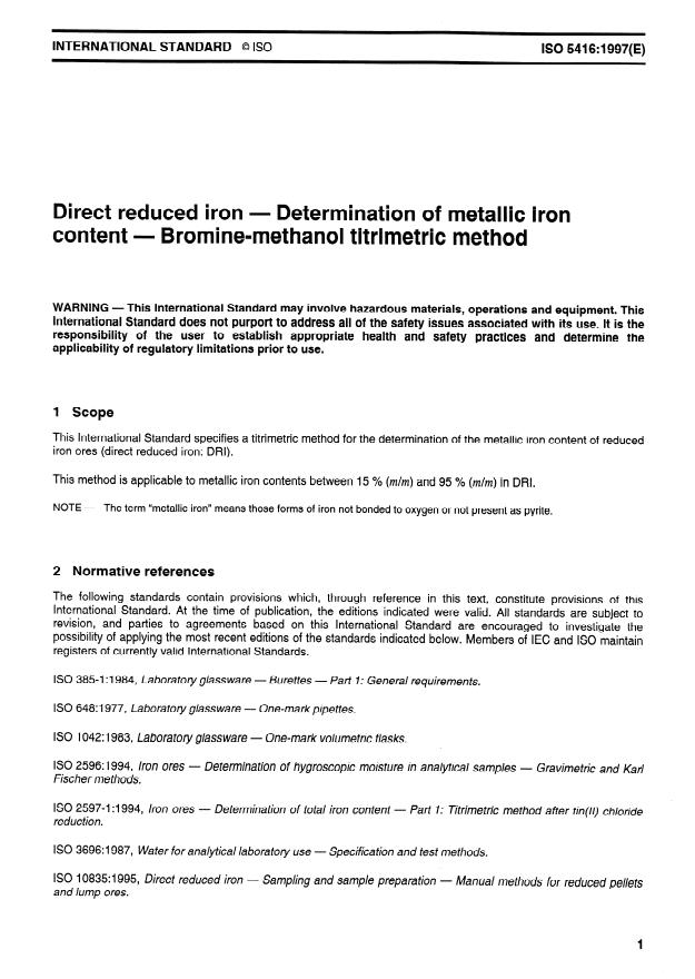 ISO 5416:1997 - Direct reduced iron -- Determination of metallic iron content -- Bromine-methanol titrimetric method