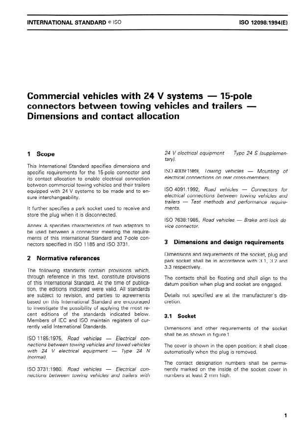 ISO 12098:1994 - Commercial vehicles with 24 V systems -- 15-pole connectors between towing vehicles and trailers -- Dimensions and contact allocation