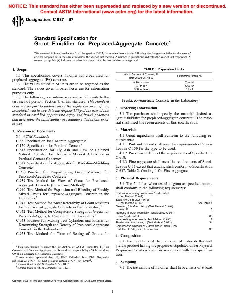 ASTM C937-97 - Standard Specification for Grout Fluidifier for Preplaced-Aggregate Concrete