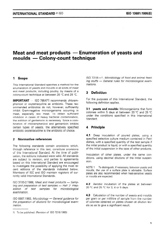 ISO 13681:1995 - Meat and meat products -- Enumeration of yeasts and moulds -- Colony-count technique