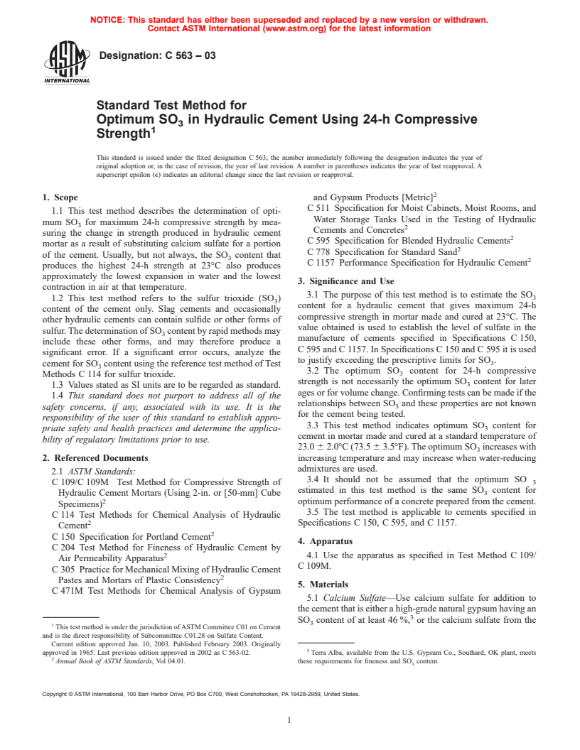 ASTM C563-03 - Standard Test Method for Optimum SO<sub>3</sub> in Hydraulic Cement Using 24-h Compressive Strength