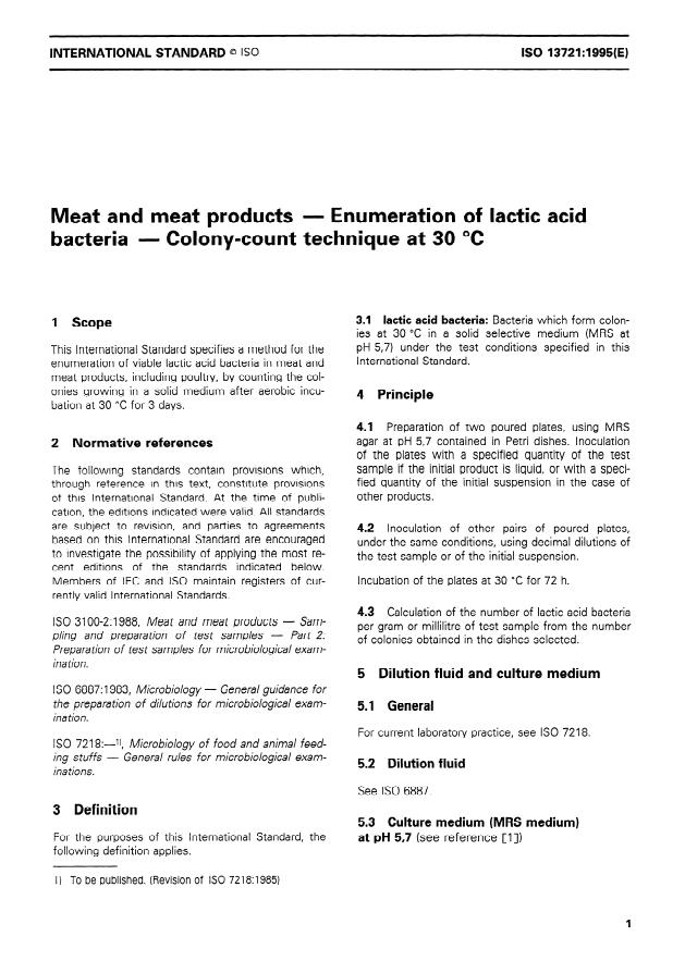 ISO 13721:1995 - Meat and meat products -- Enumeration of lactic acid bacteria -- Colony-count technique at 30 degrees C