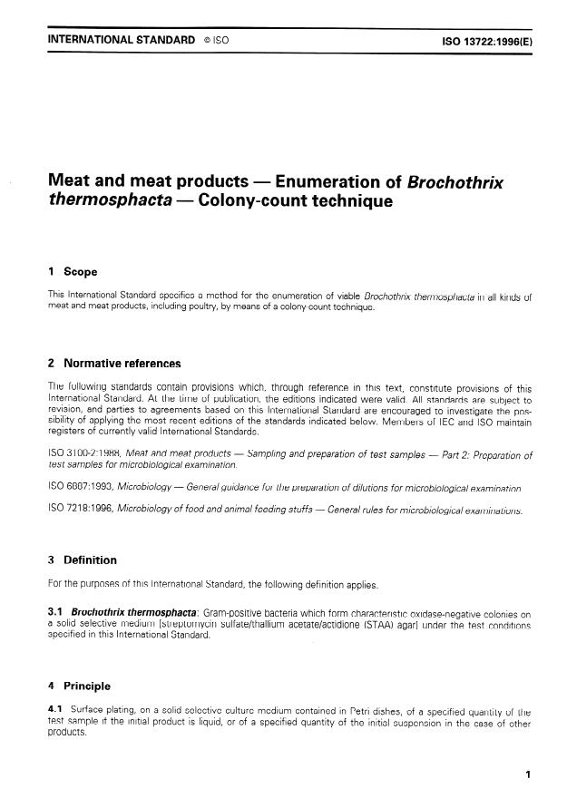 ISO 13722:1996 - Meat and meat products -- Enumeration of Brochothrix thermosphacta -- Colony-count technique