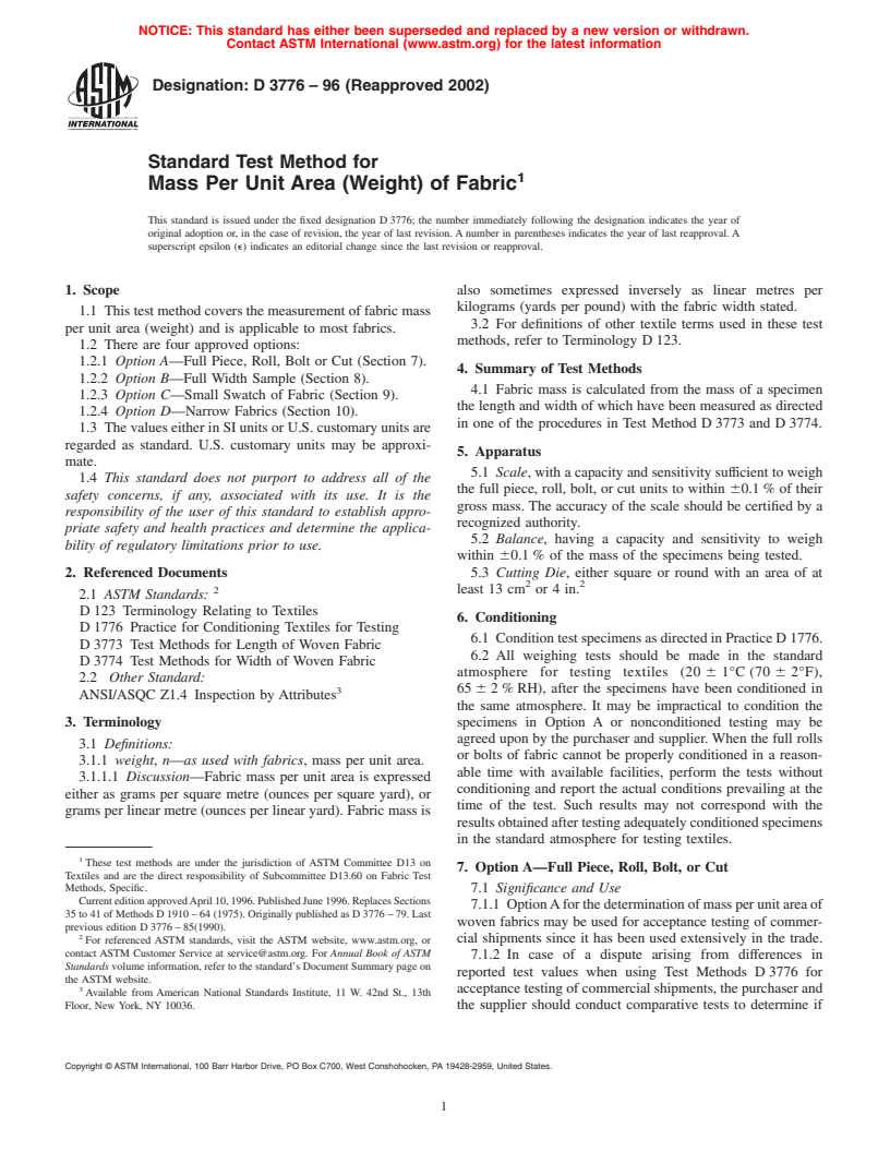 ASTM D3776-96(2002) - Standard Test Methods for Mass Per Unit Area (Weight) of Fabric