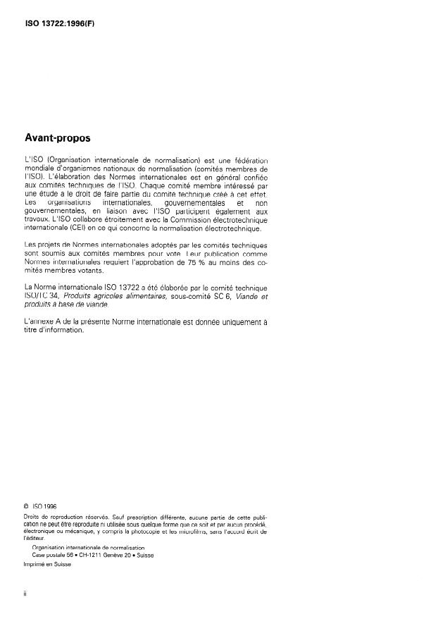 ISO 13722:1996 ISO 13722:1996 - Viande et produits a base de viande -- Dénombrement de Brochothrix thermosphacta -- Technique par comptage des colonies obtenues - Page 2 preview