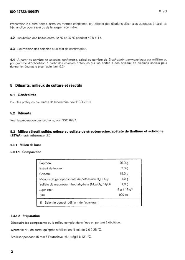 ISO 13722:1996 ISO 13722:1996 - Viande et produits a base de viande -- Dénombrement de Brochothrix thermosphacta -- Technique par comptage des colonies obtenues - Page 4 preview