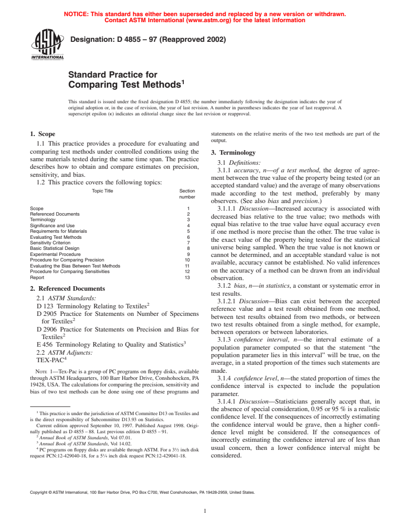 ASTM D4855-97(2002) - Standard Practice for Comparing Test Methods (Withdrawn 2008)