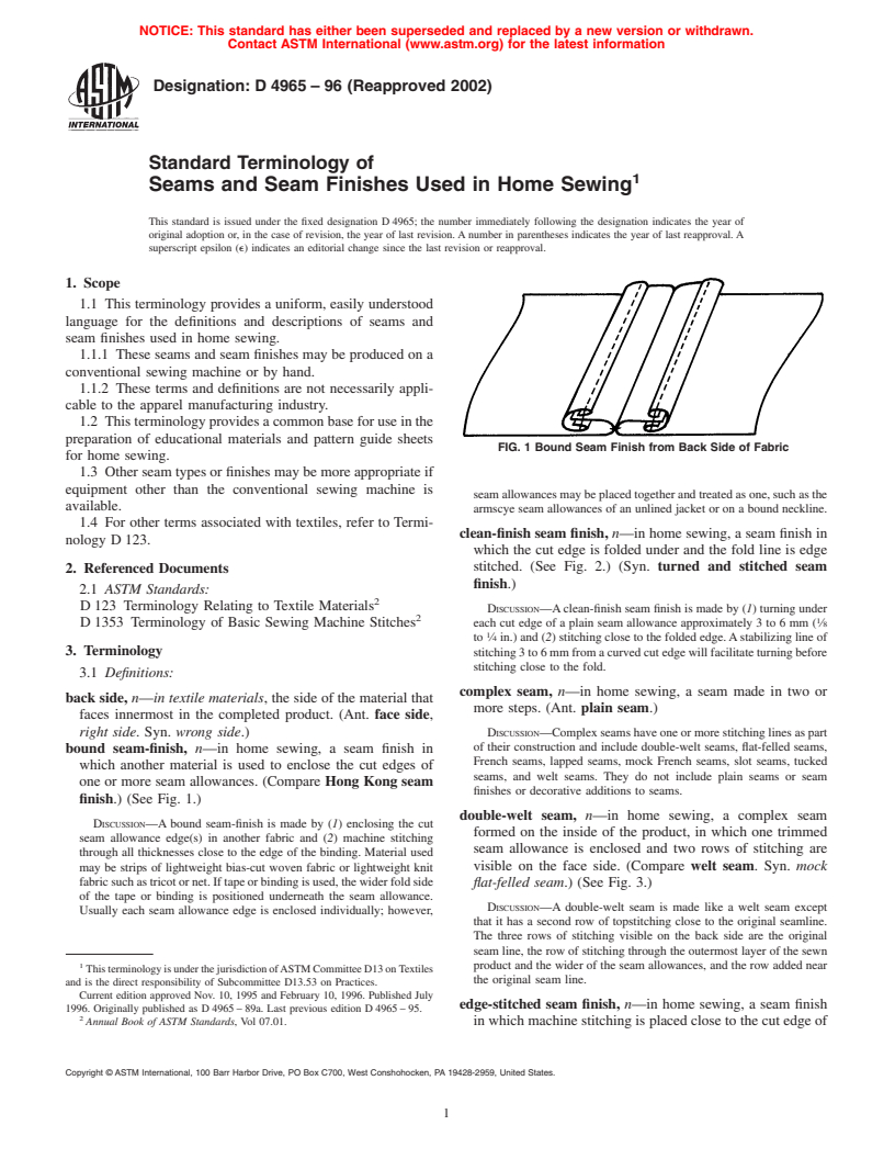 ASTM D4965-96(2002) - Standard Terminology of Seams and Seam Finishes in Home Sewing