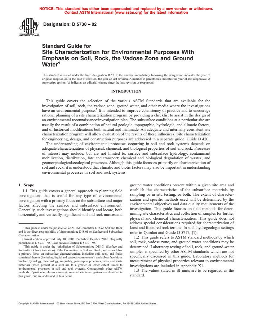 ASTM D5730-02 - Standard Guide for Site Characterization for Environmental Purposes With Emphasis on Soil, Rock, the Vadose Zone and Ground Water