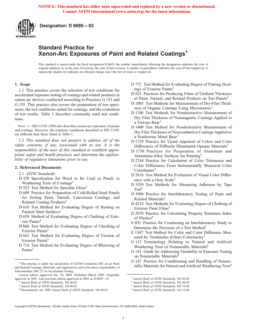 ASTM D6695-03 - Standard Practice for Xenon-Arc Exposures of Paint and Related Coatings