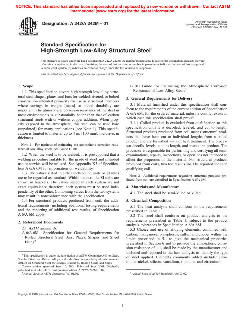 ASTM A242/A242M-01 - Standard Specification for High-Strength Low-Alloy Structural Steel