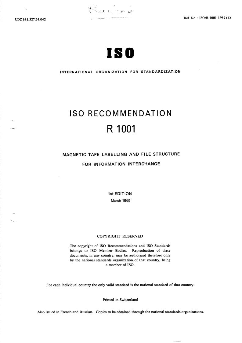 ISO/R 1001:1969 - Title missing - Legacy paper document
Released:1/1/1969