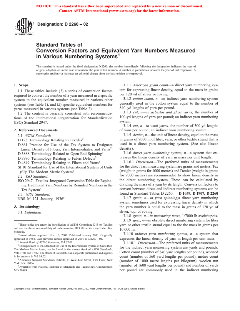 ASTM D2260-02 - Standard Tables of Conversion Factors and Equivalent Yarn Numbers Measured in Various Numbering Systems