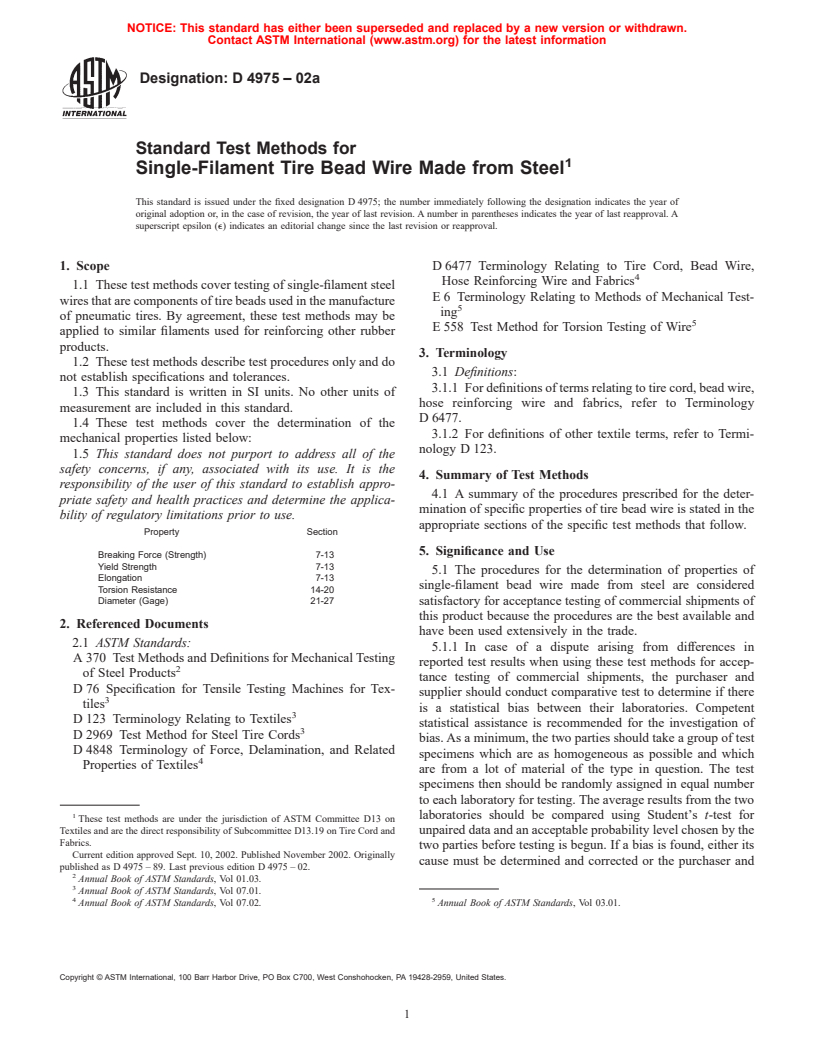 ASTM D4975-02a - Standard Test Methods for Single-Filament Tire Bead Wire Made from Steel