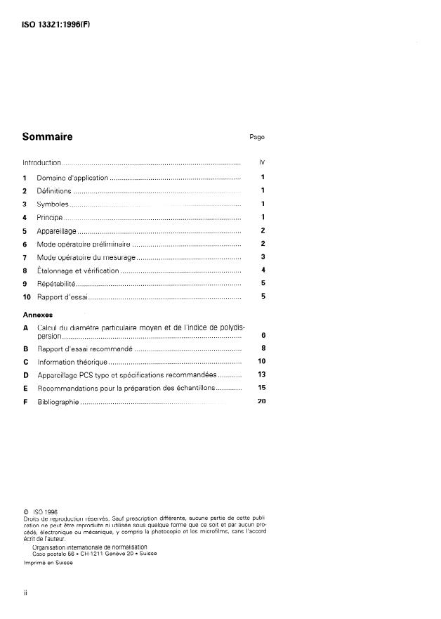 ISO 13321:1996 ISO 13321:1996 - Analyse granulométrique -- Spectroscopie par corrélation de photons - Page 2 preview
