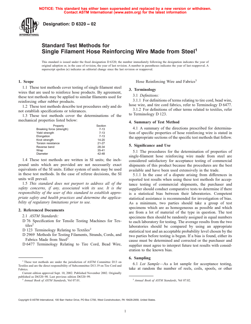 ASTM D6320-02 - Standard Test Methods for Single Filament Hose Reinforcing Wire Made from Steel