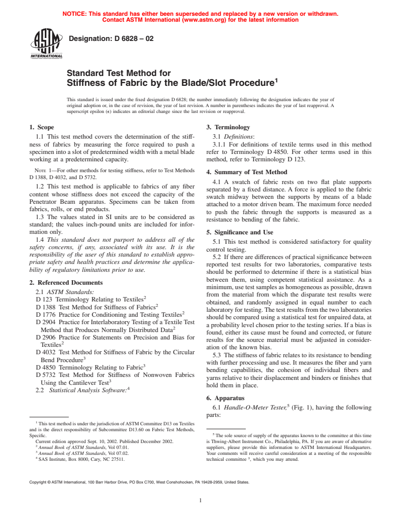 ASTM D6828-02 - Standard Test Method for Stiffness of Fabric by the Blade/Slot Procedure