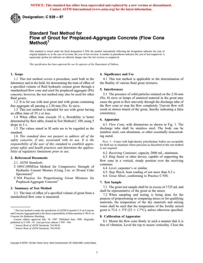 ASTM C939-97 - Standard Test Method for Flow of Grout for Preplaced-Aggregate Concrete (Flow Cone Method)