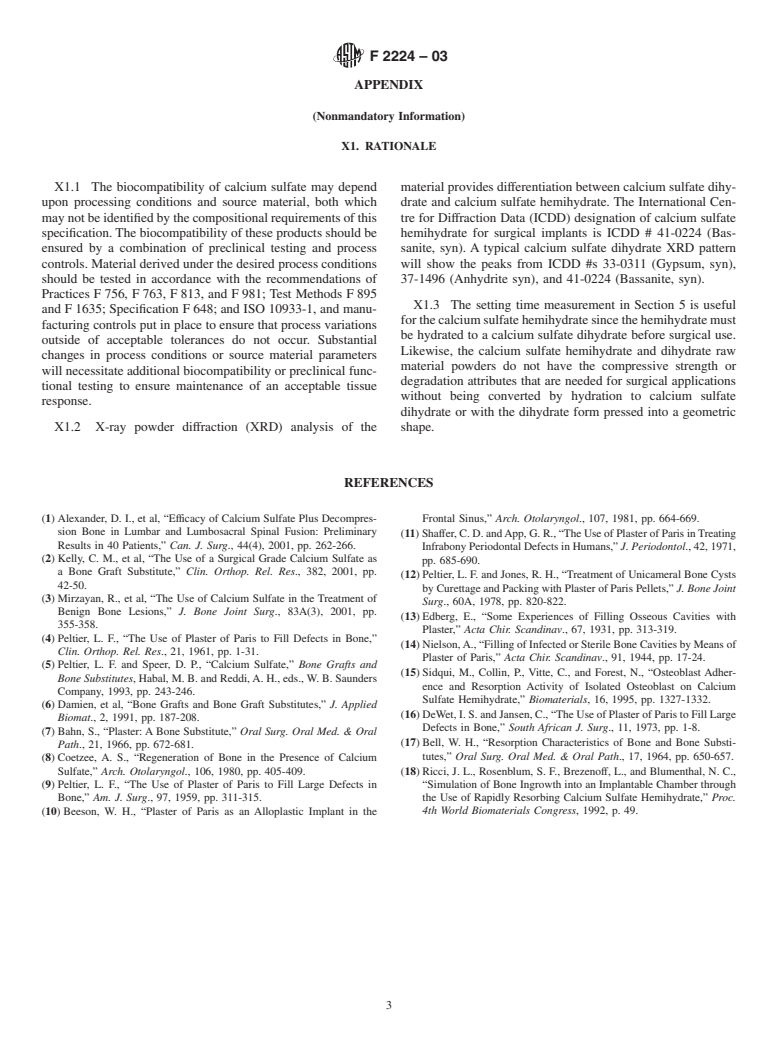 ASTM F2224-03 - Standard Specification for High Purity Calcium Sulfate Hemihydrate or Dihydrate for Surgical Implants