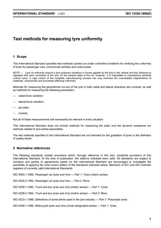 ISO 13326:1998 - Test methods for measuring tyre uniformity