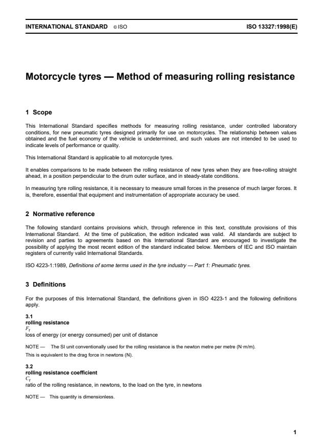 ISO 13327:1998 - Motorcycle tyres -- Method of measuring rolling resistance