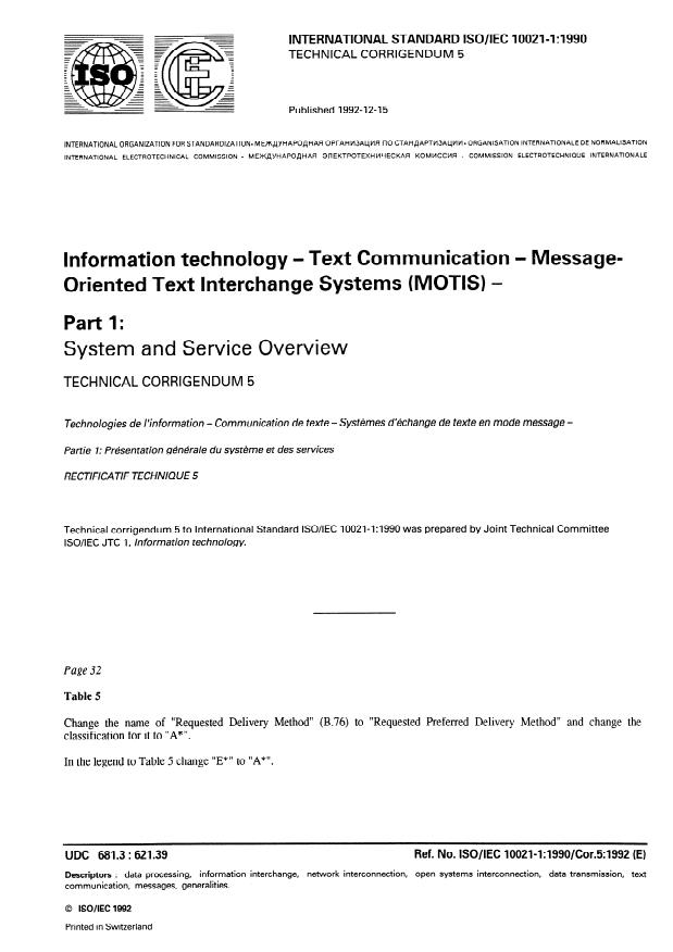 ISO/IEC 10021-1:1990/Cor 5:1992