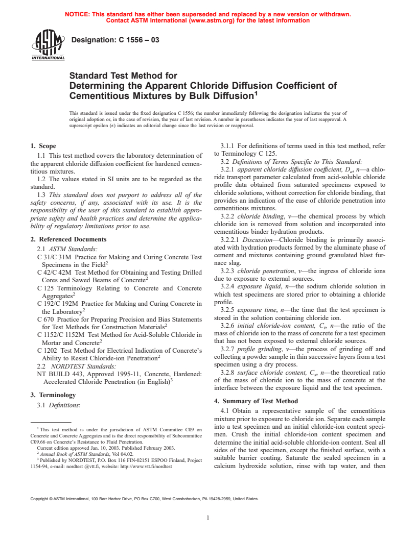 ASTM C1556-03 - Standard Test Method for Determining the Apparent Chloride Diffusion Coefficient of Cementitious Mixtures by Bulk Diffusion