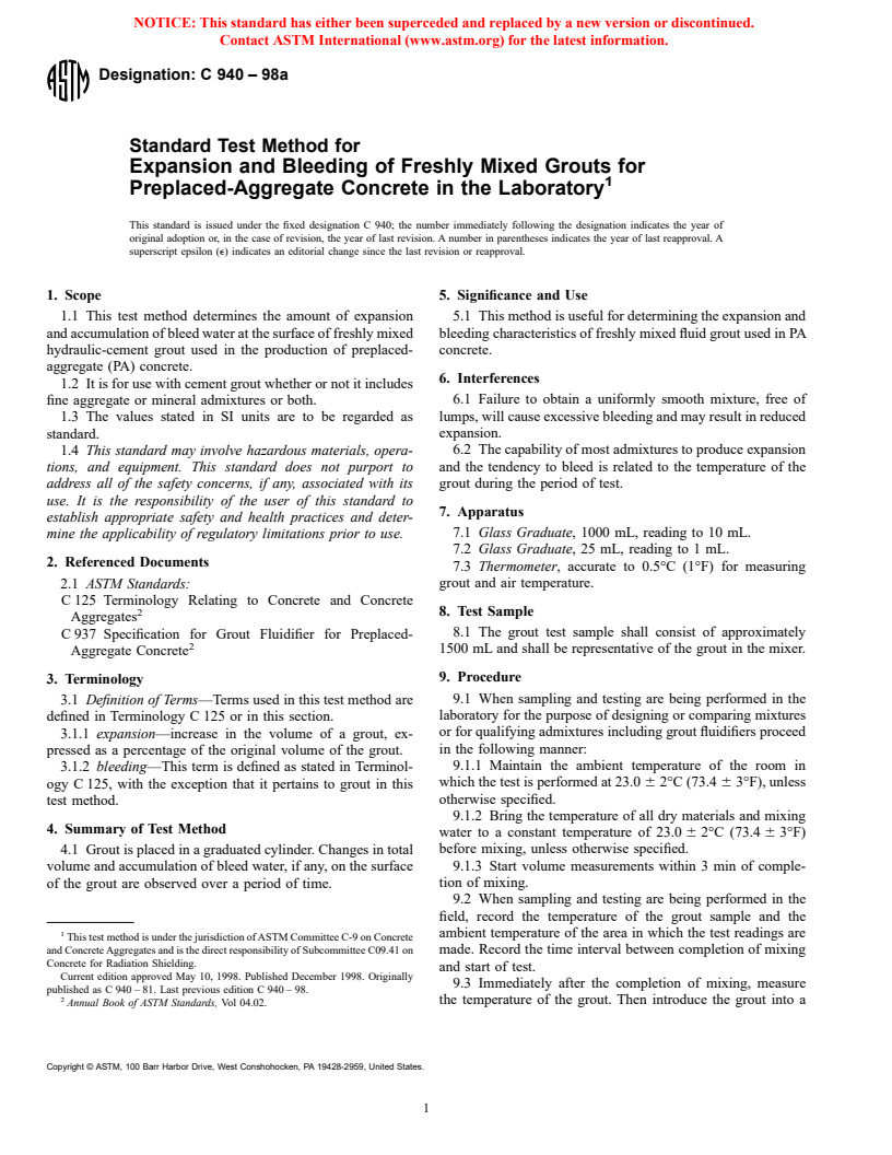 ASTM C940-98a - Standard Test Method for Expansion and Bleeding of Freshly Mixed Grouts for Preplaced-Aggregate Concrete in the Laboratory