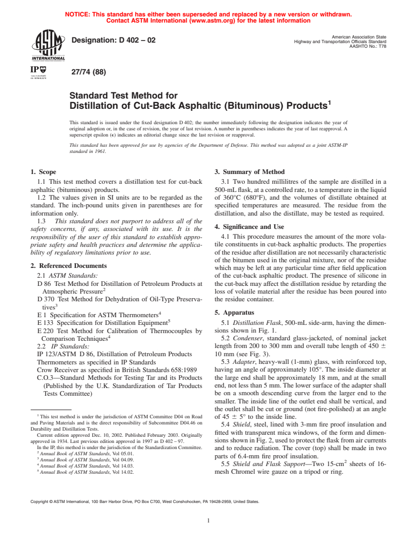 ASTM D402-02 - Standard Test Method for Distillation of Cut-Back Asphaltic (Bituminous) Products