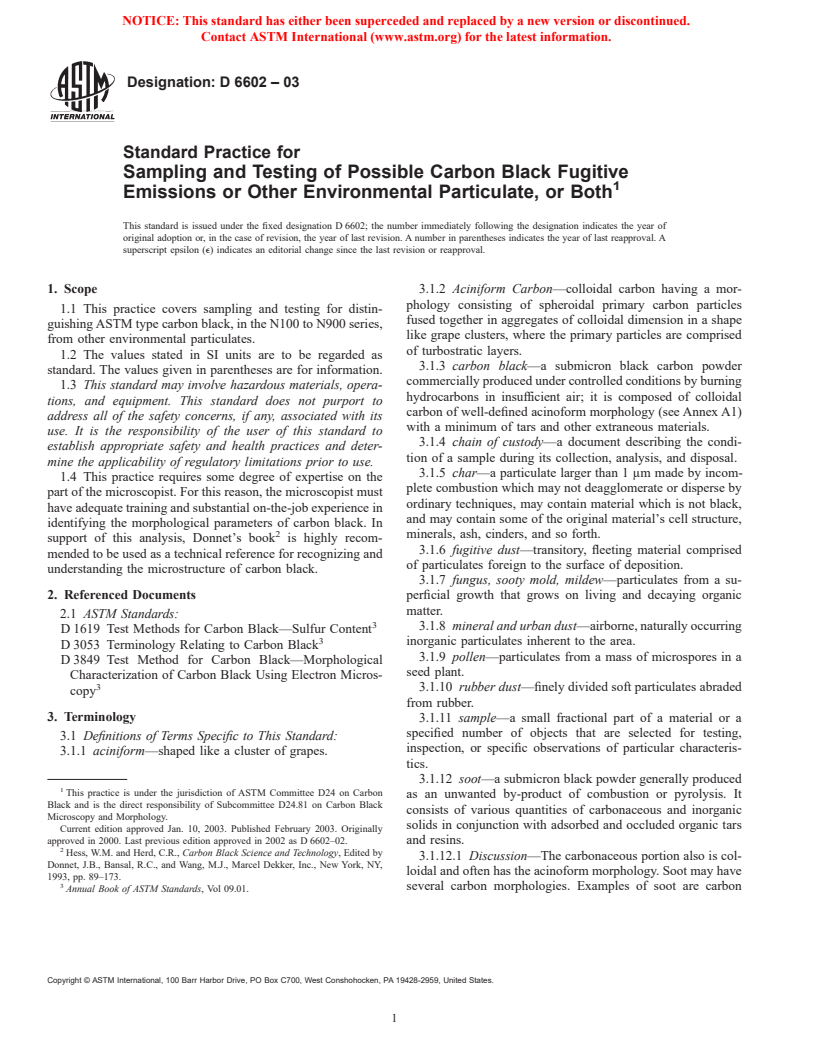 ASTM D6602-03 - Standard Practice for Sampling and Testing of Possible Carbon Black Fugitive Emissions or Other Environmental Particulate, or Both