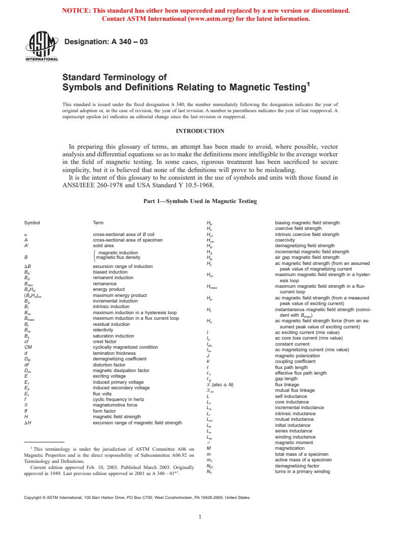 ASTM A340-03 - Standard Terminology of Symbols and Definitions Relating to Magnetic Testing