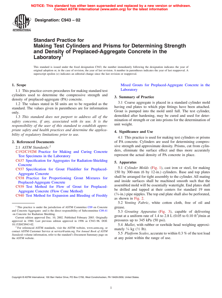 ASTM C943-02 - Standard Practice for Making Test Cylinders and Prisms for Determining Strength and Density of Preplaced-Aggregate Concrete in the Laboratory