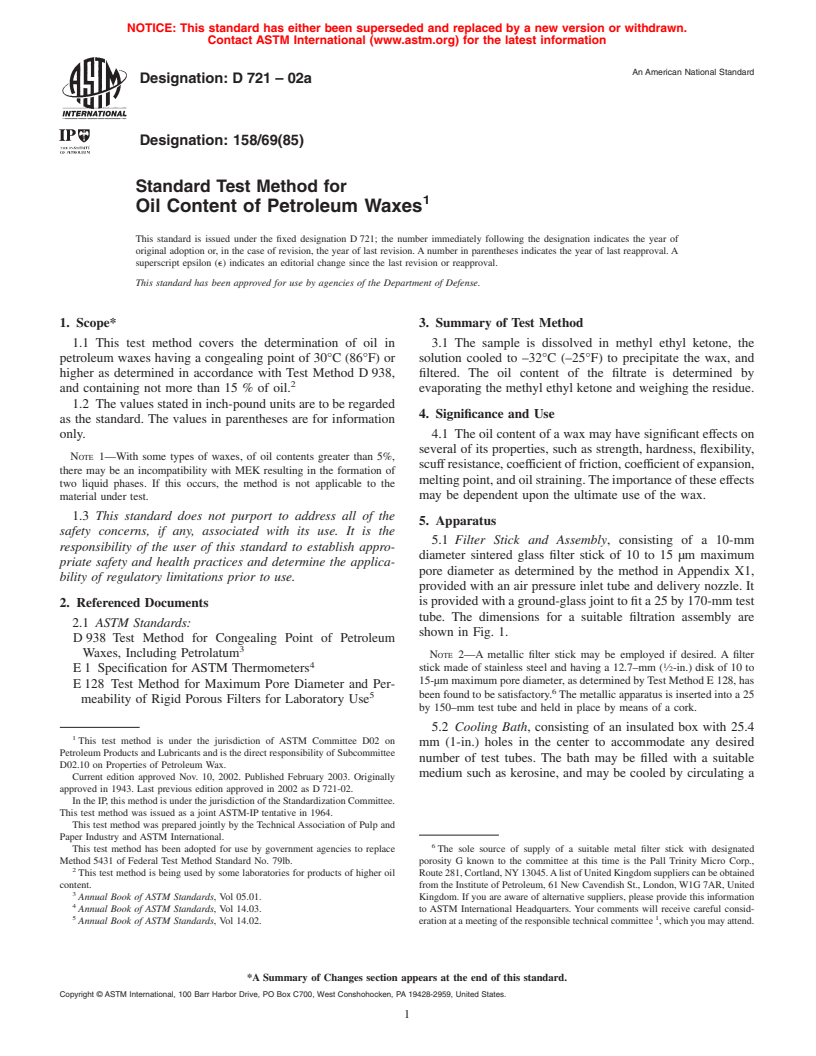 ASTM D721-02a - Standard Test Method for Oil Content of Petroleum Waxes