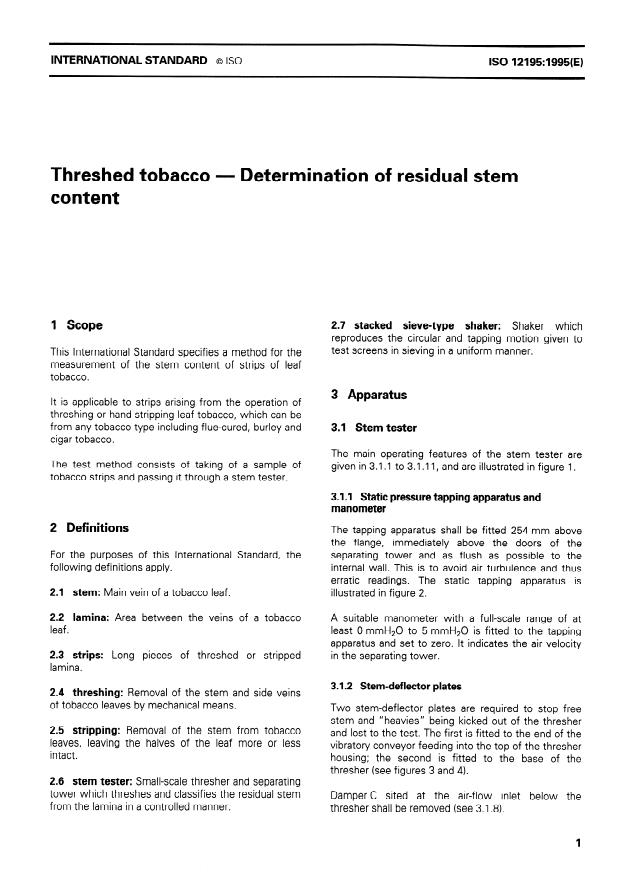 ISO 12195:1995 - Threshed tobacco -- Determination of residual stem content