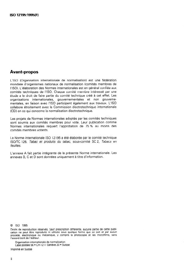 ISO 12195:1995 ISO 12195:1995 - Tabac battu -- Détermination de la teneur en côtes résiduelles - Page 2 preview