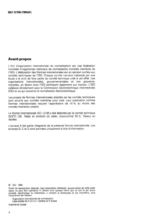 ISO 12195:1995 ISO 12195:1995 - Tabac battu -- Détermination de la teneur en côtes résiduelles - Page 2 preview