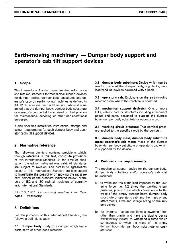 ISO 13333:1994 - Earth-moving machinery -- Dumper body support and operator's cab tilt support devices