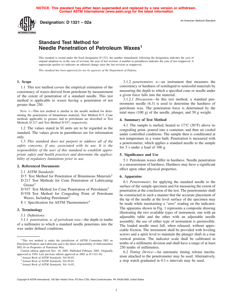 ASTM D1321-02a - Standard Test Method for Needle Penetration of Petroleum Waxes