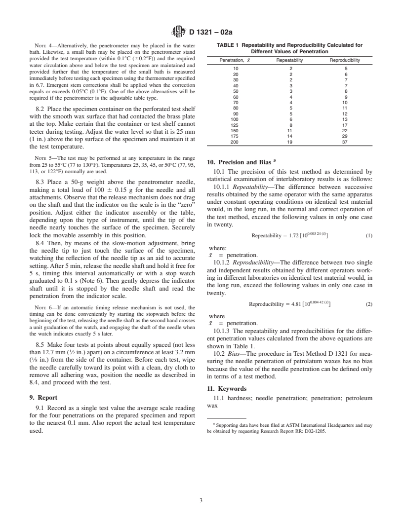 ASTM D1321-02a - Standard Test Method for Needle Penetration of Petroleum Waxes