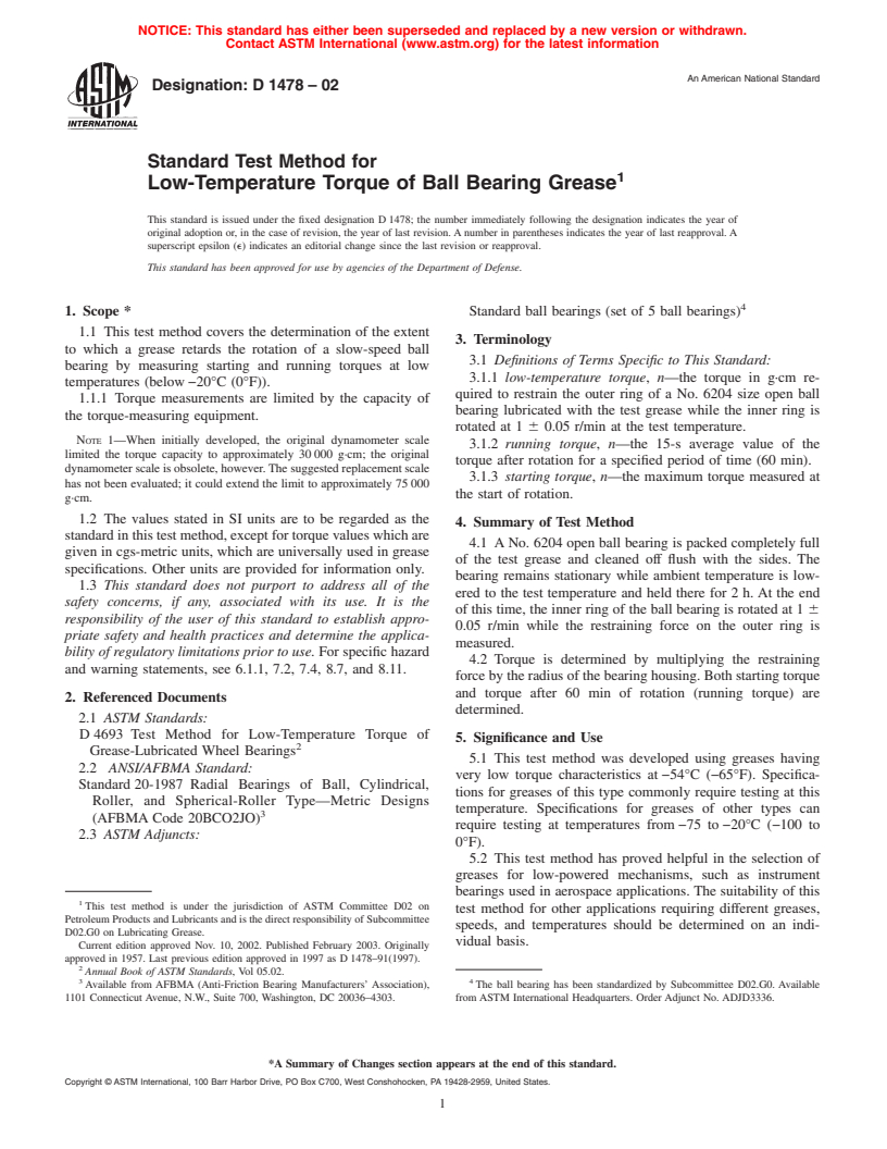 ASTM D1478-02 - Standard Test Method for Low-Temperature Torque of Ball Bearing Grease