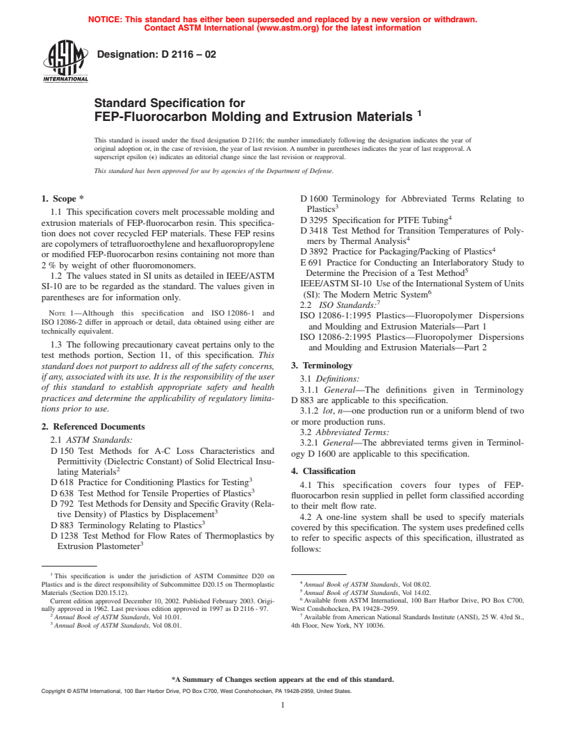 ASTM D2116-02 - Standard Specification for FEP-Fluorocarbon Molding and Extrusion Materials