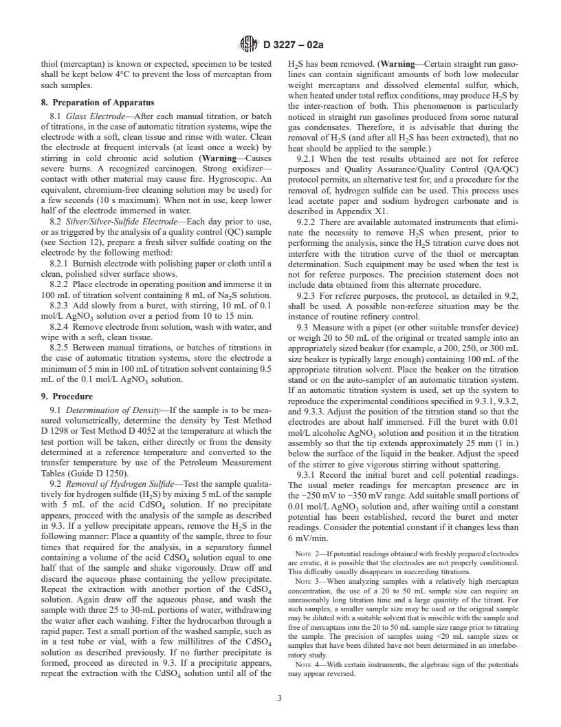 ASTM D3227-02a - Standard Test Method for (Thiol Mercaptan) Sulfur in Gasoline, Kerosine, Aviation Turbine, and Distillate Fuels (Potentiometric Method)