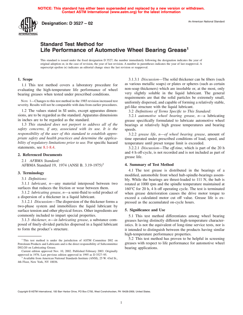 ASTM D3527-02 - Standard Test Method for Life Performance of Automotive Wheel Bearing Grease