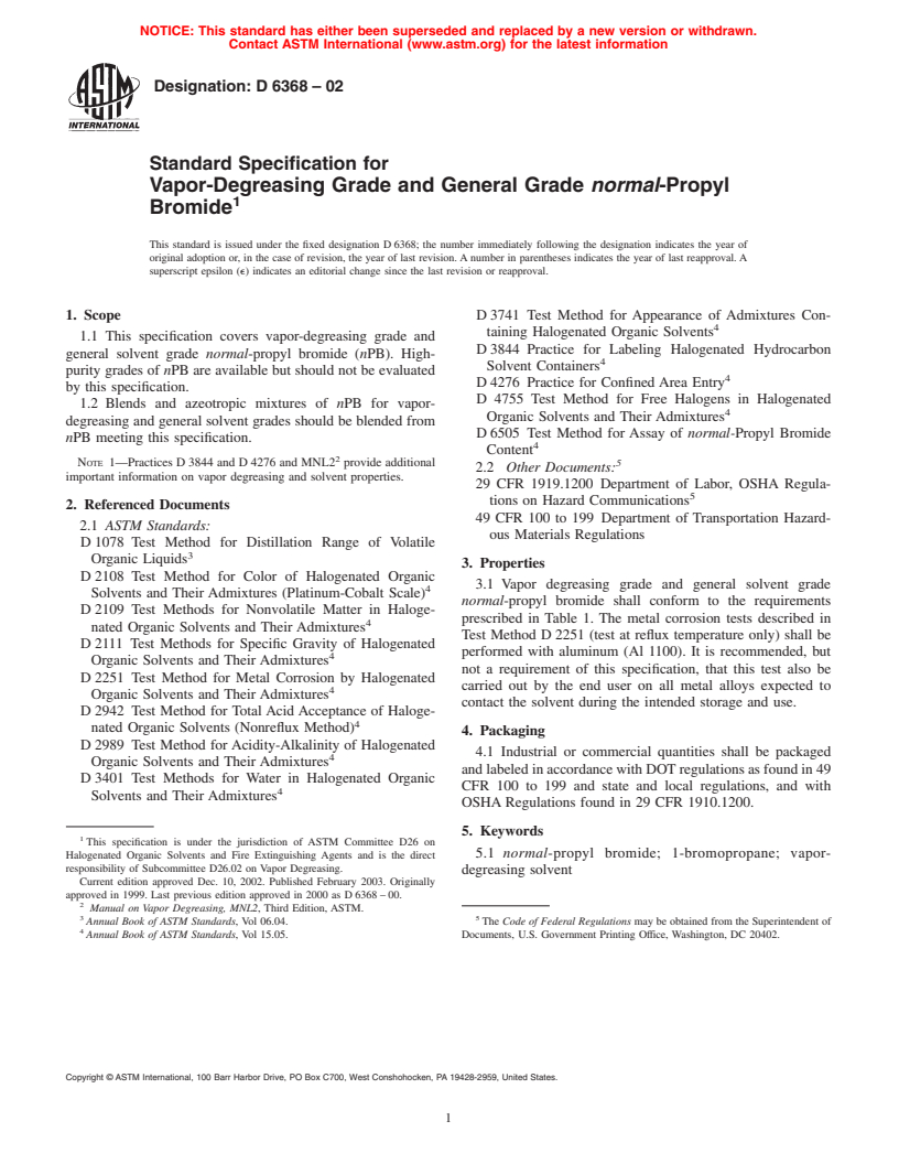 ASTM D6368-02 - Standard Specification for Vapor-Degreasing Grade and General Grade <i>normal</i>-Propyl Bromide